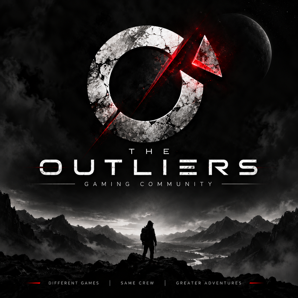 The Outliers gaming community emblem above a mountain landscape
